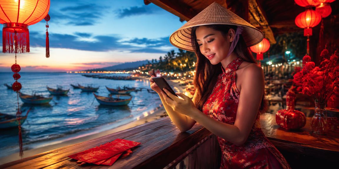 Phong bì đỏ may mắn và nón lá tại Mũi Né trong lễ hội xổ số